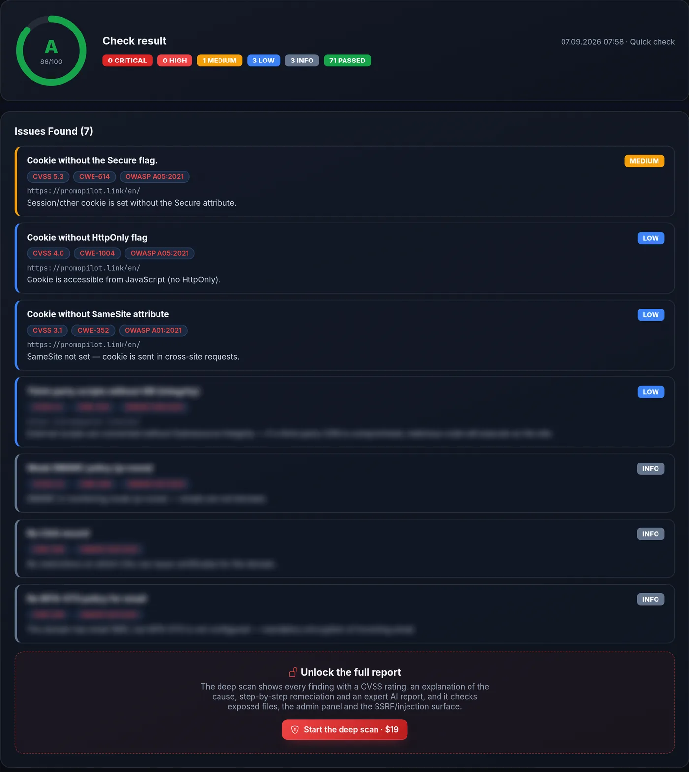 Shield report for promopilot.link: grade A, 86 of 100, 7 findings with CVSS, CWE and OWASP