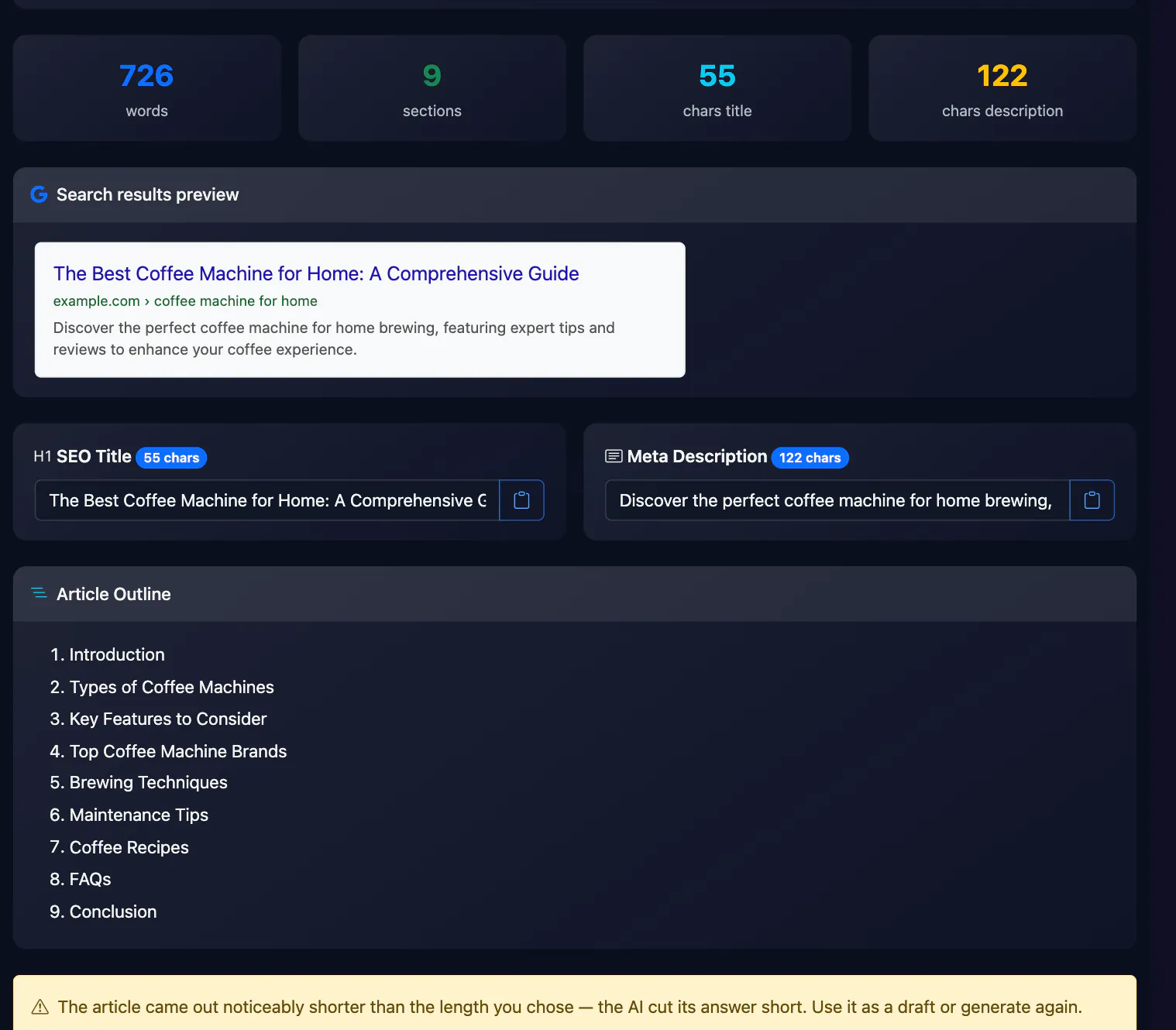 AI Article Generator result: Search results preview