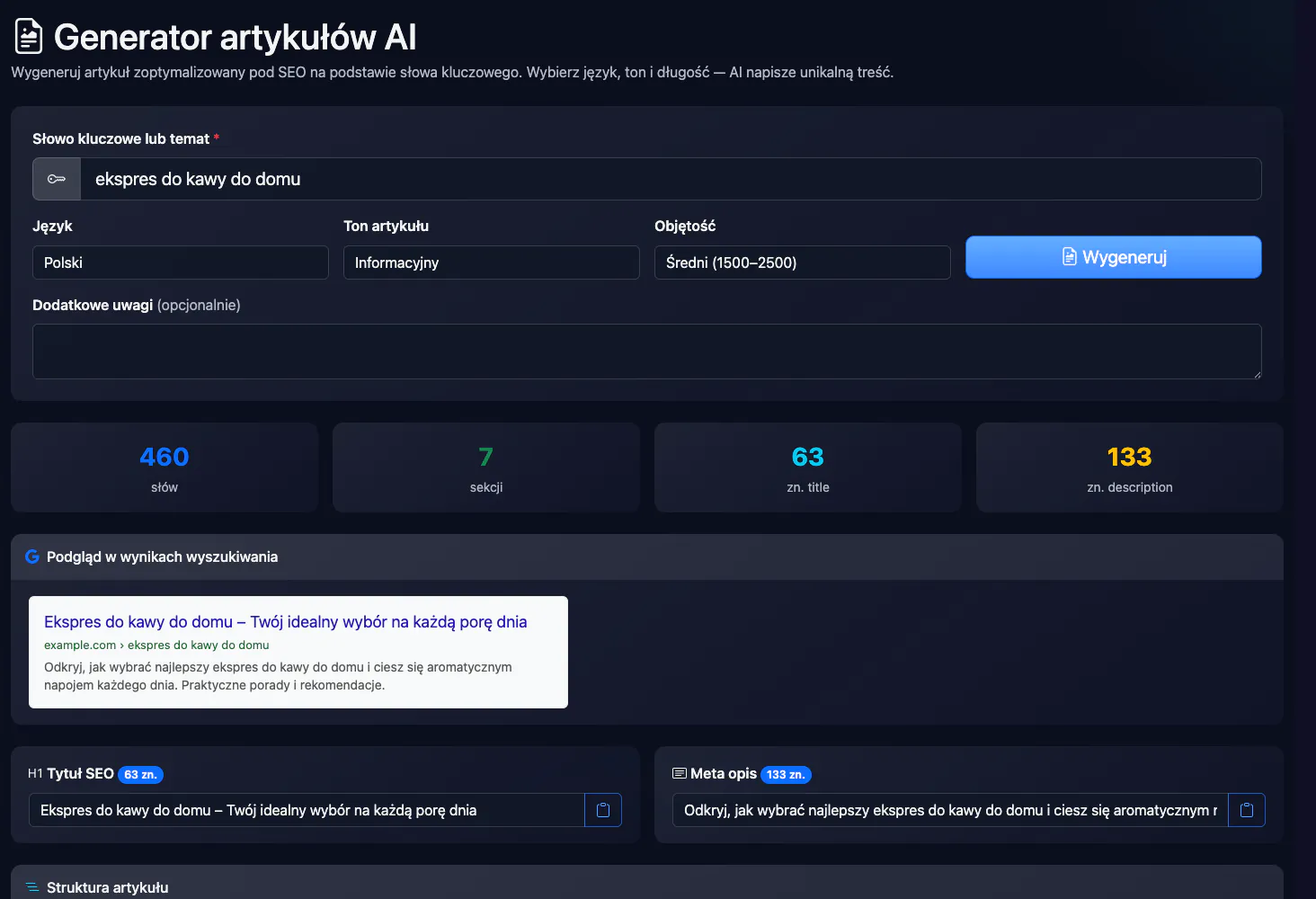 Generator artykułów AI: artykuł na frazę „ekspres do kawy do domu” — interfejs i wynik