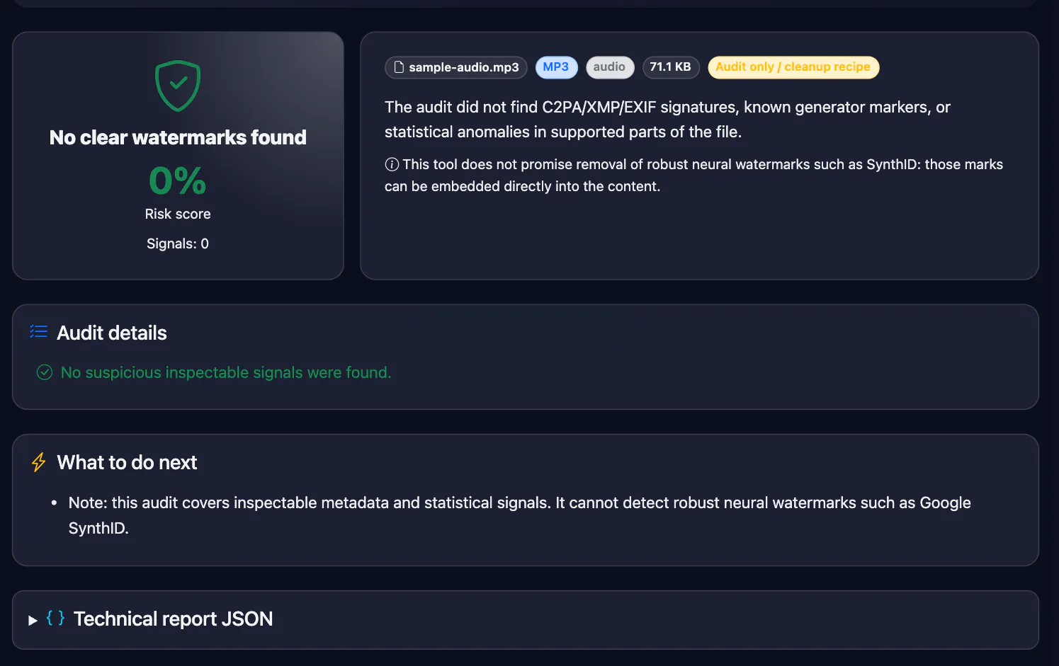 Audio Watermark Detector result: No clear watermarks found