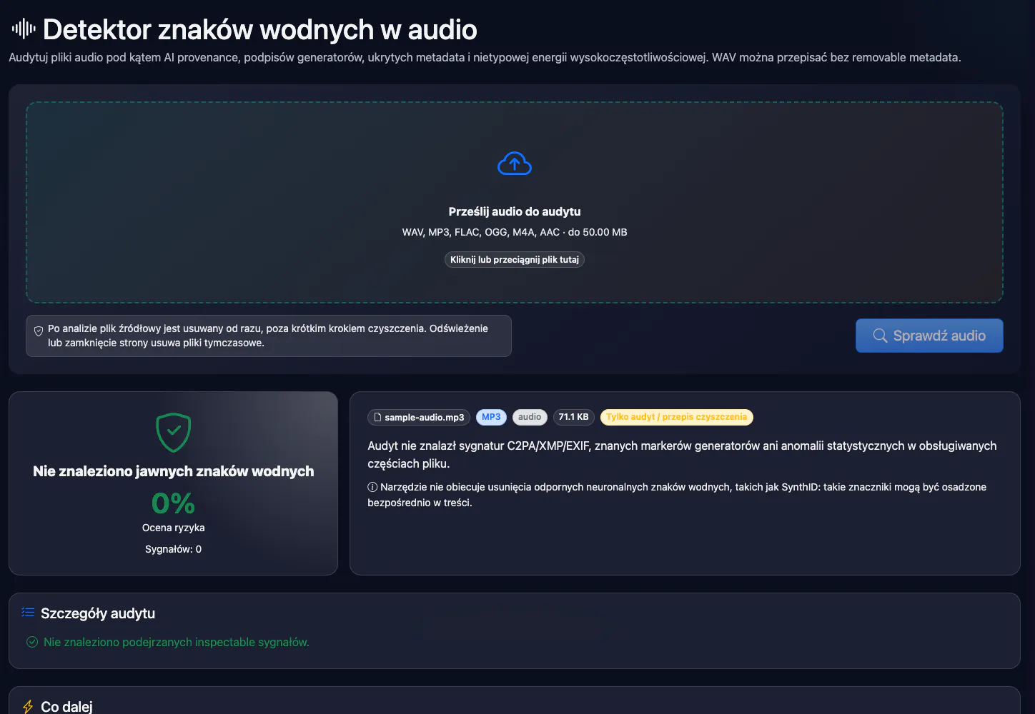 Detektor znaków wodnych w audio: sprawdzenie pliku audio — interfejs i wynik