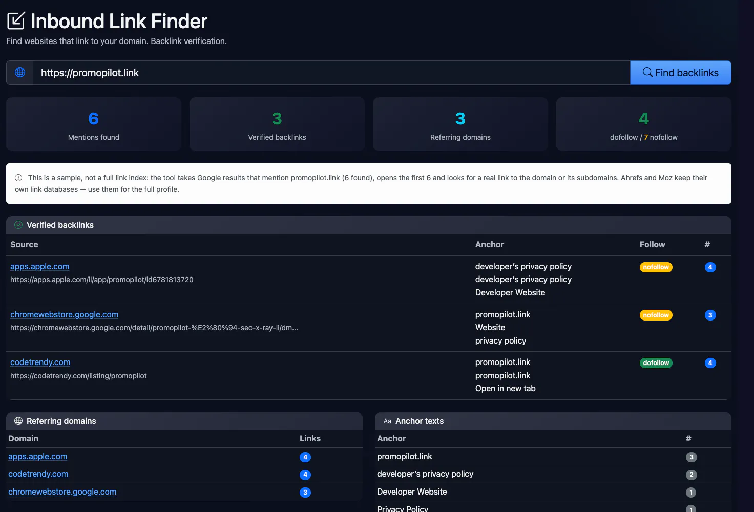 Inbound Link Finder: checking promopilot.link — interface and result