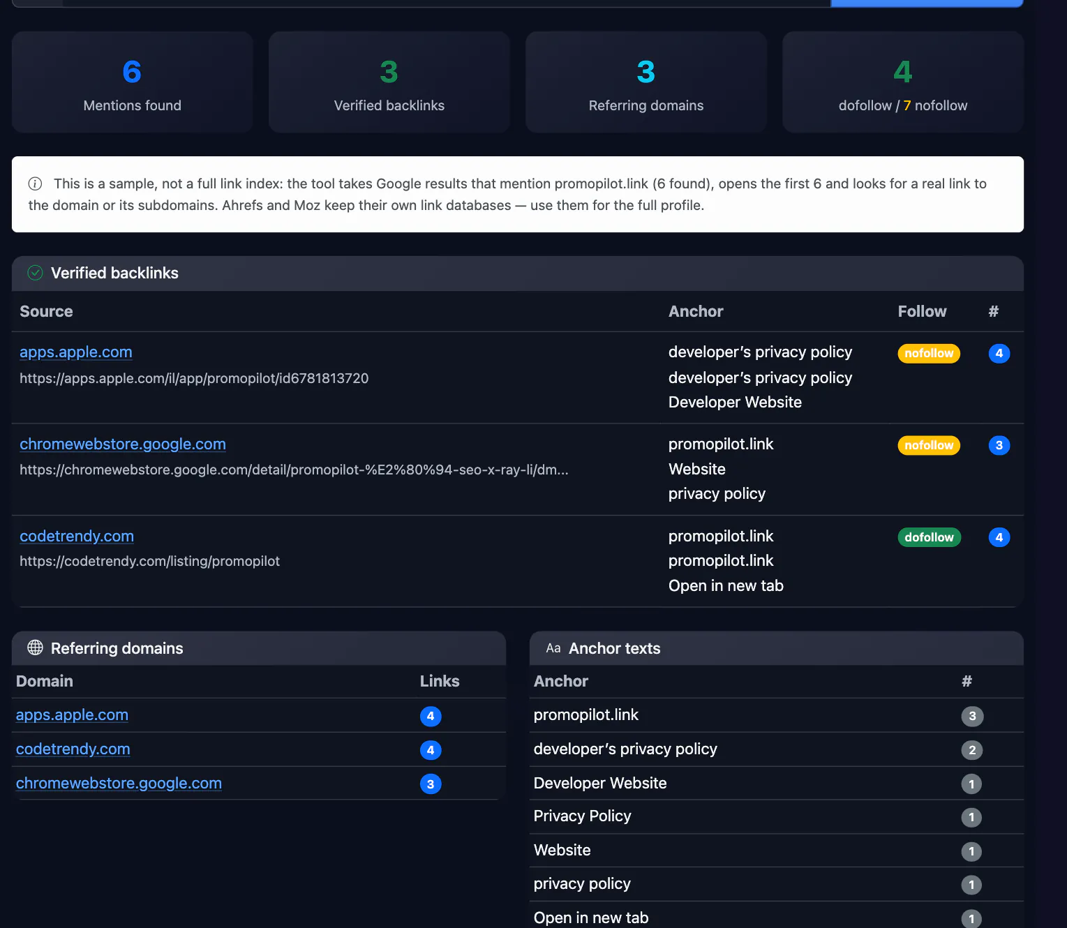 Inbound Link Finder result: Verified backlinks