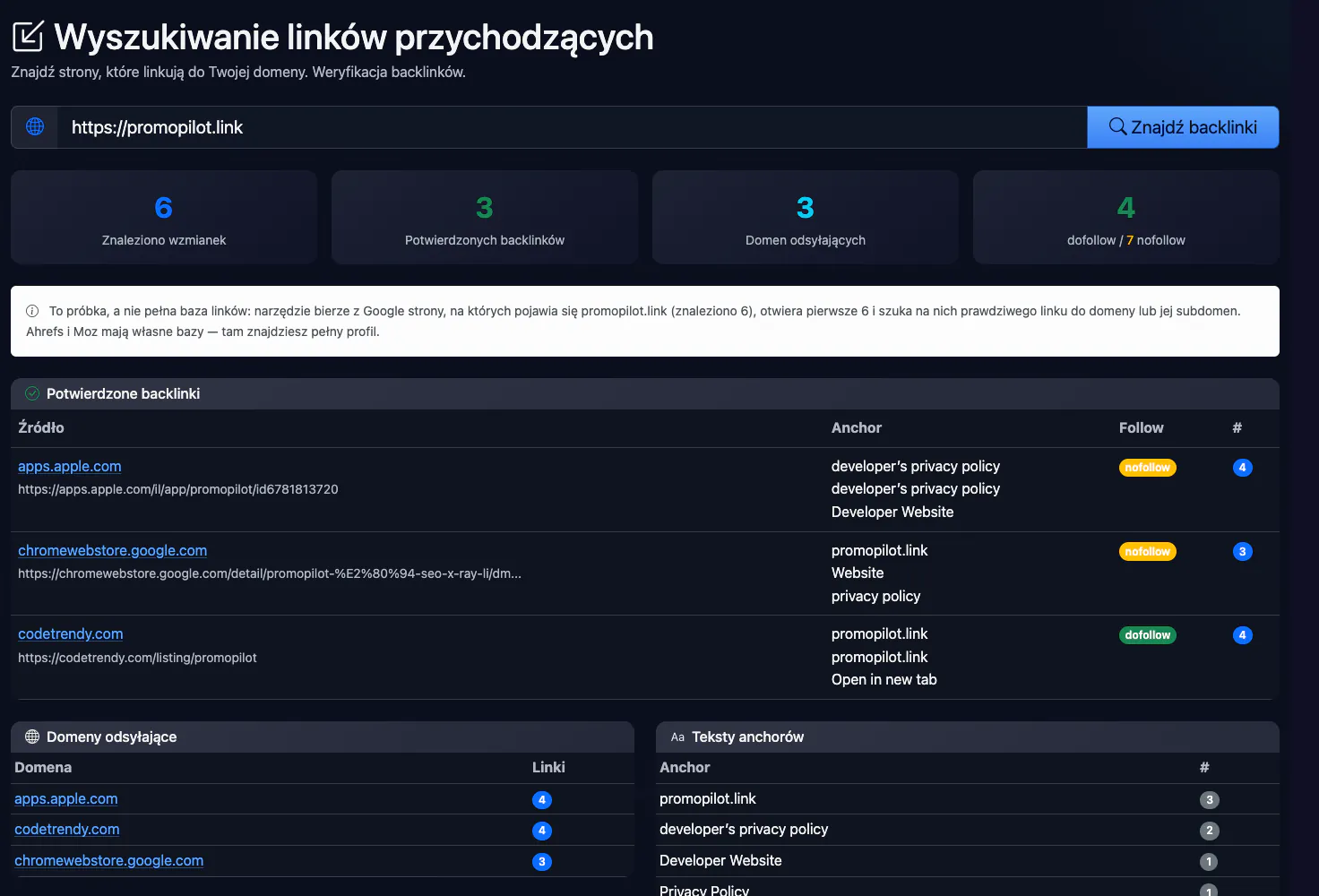 Wyszukiwanie linków przychodzących: sprawdzenie promopilot.link — interfejs i wynik