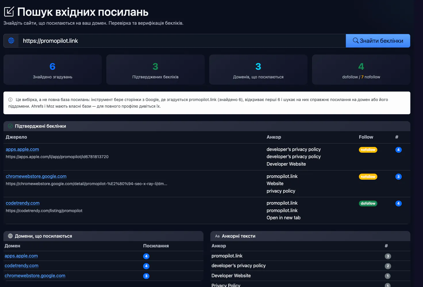 Пошук вхідних посилань: перевірка promopilot.link — інтерфейс і результат