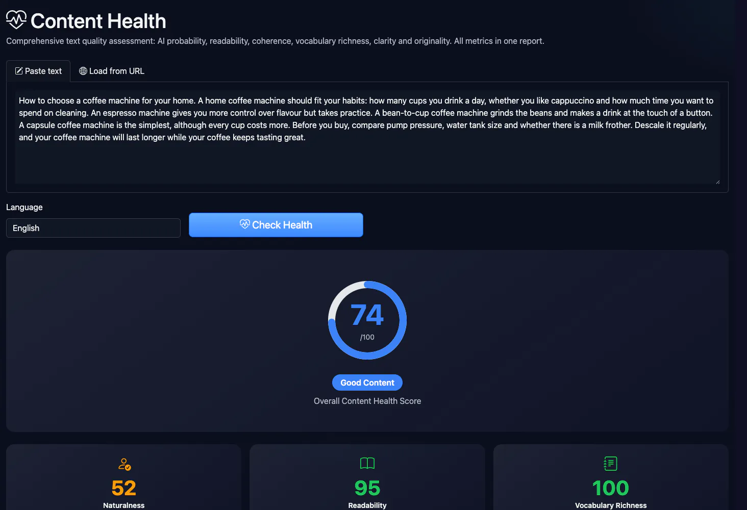 Content Health: analysing a sample article about coffee machines — interface and result