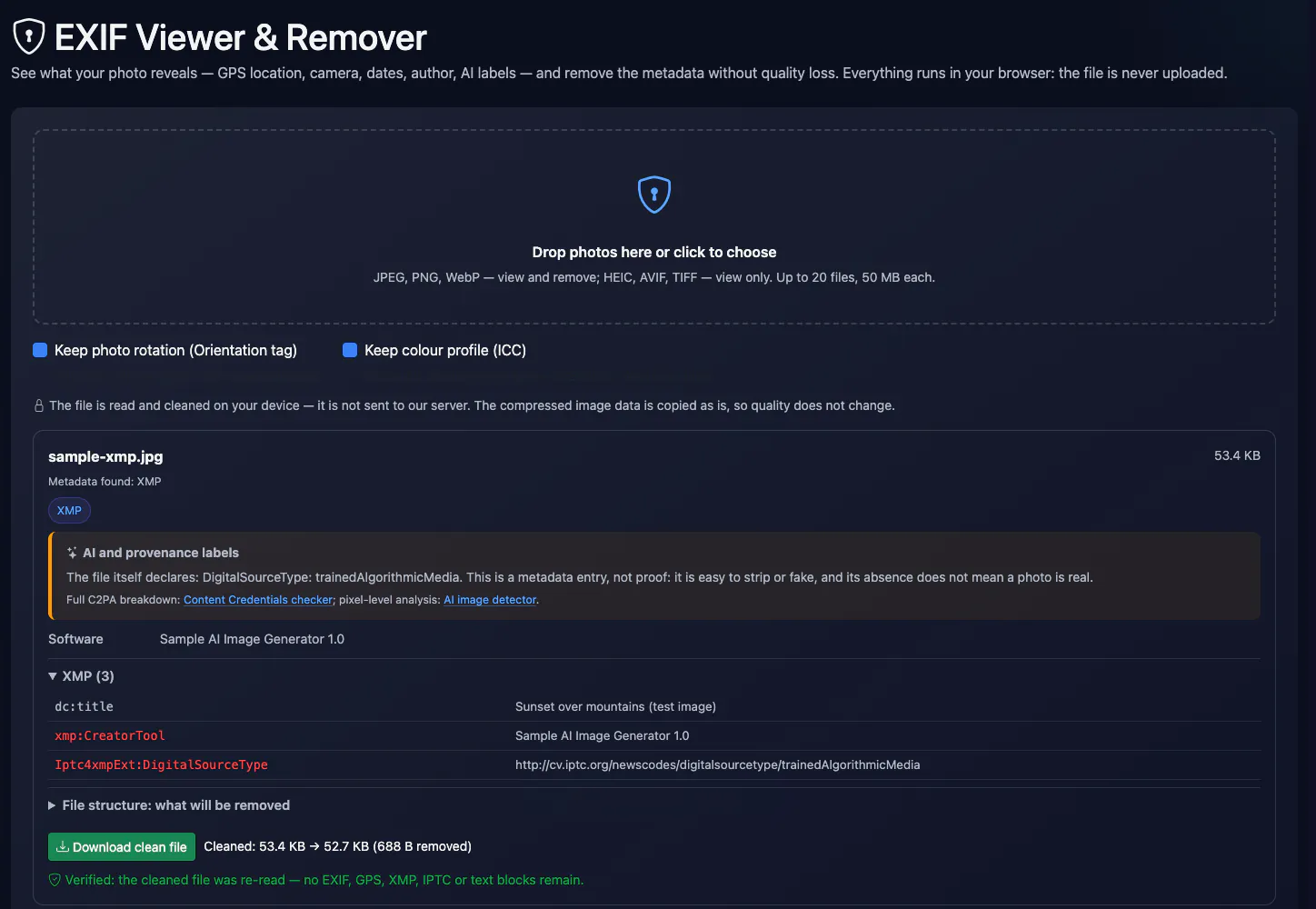 EXIF Viewer & Remover: removing metadata from a test photo — interface and result