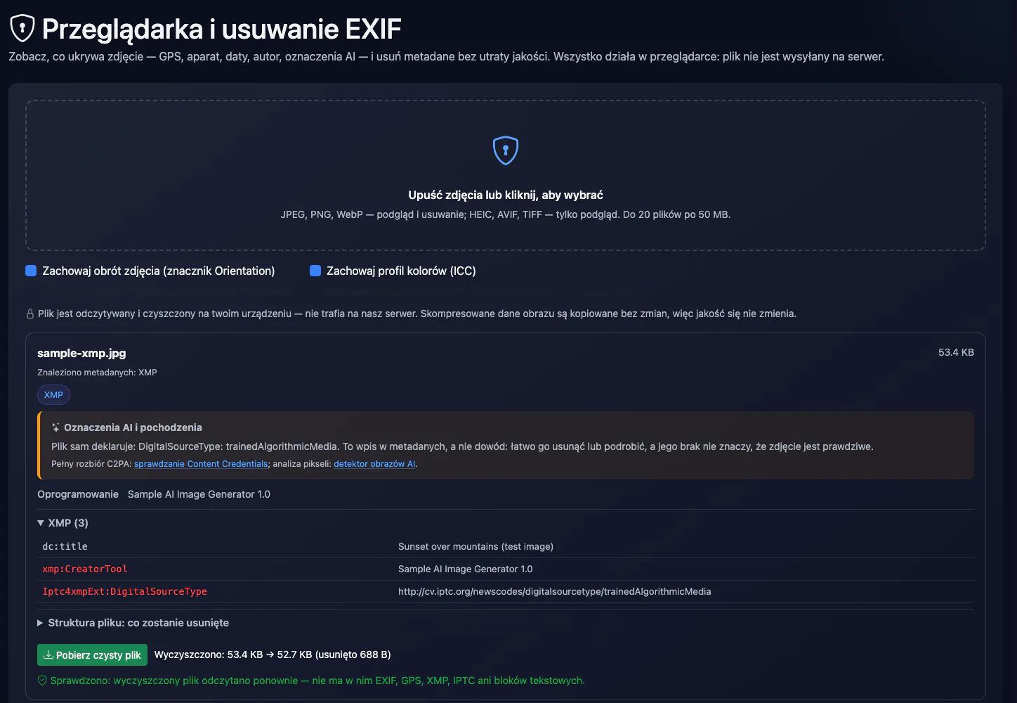 Przeglądarka i usuwanie EXIF: usuwanie metadanych ze zdjęcia testowego — interfejs i wynik