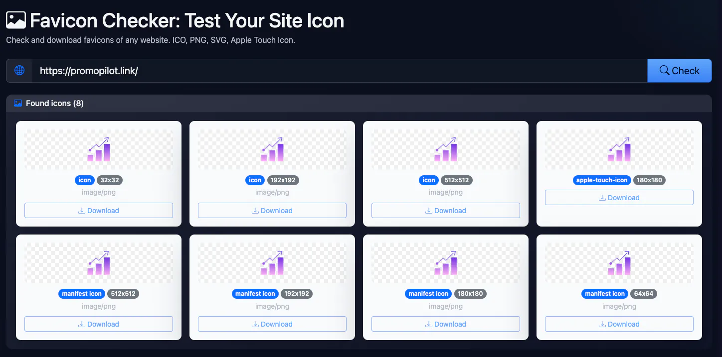 Favicon Checker: Test Your Site Icon: checking promopilot.link — interface and result