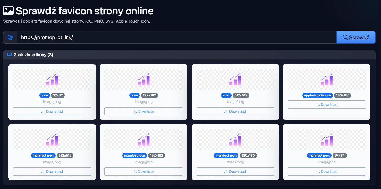 Sprawdź favicon strony online: sprawdzenie promopilot.link — interfejs i wynik