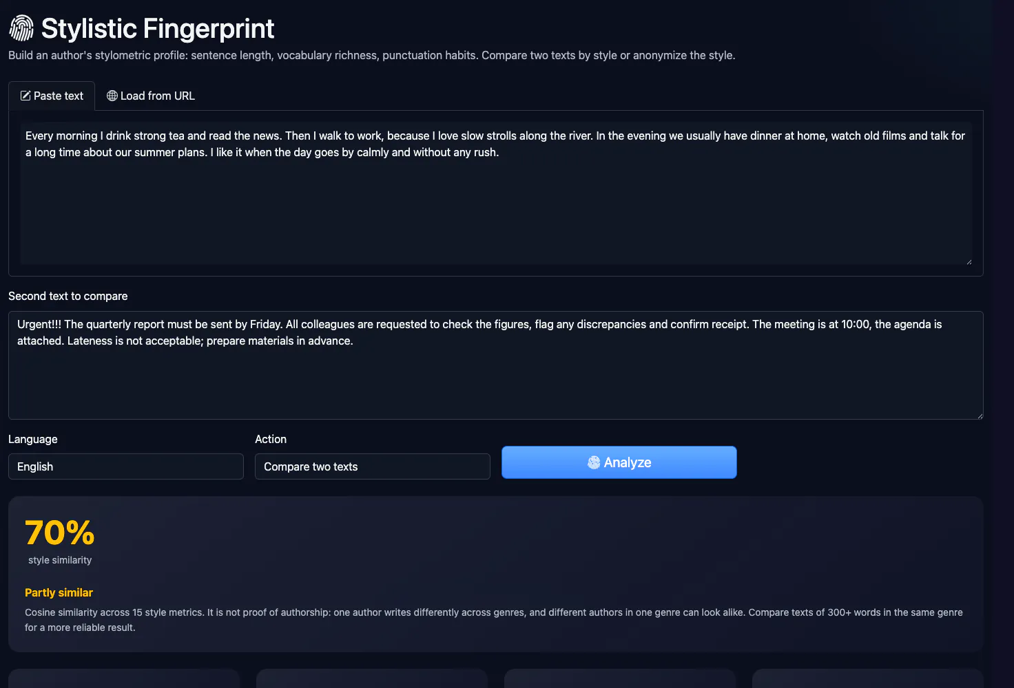 Stylistic Fingerprint: comparing the style of two short texts — interface and result