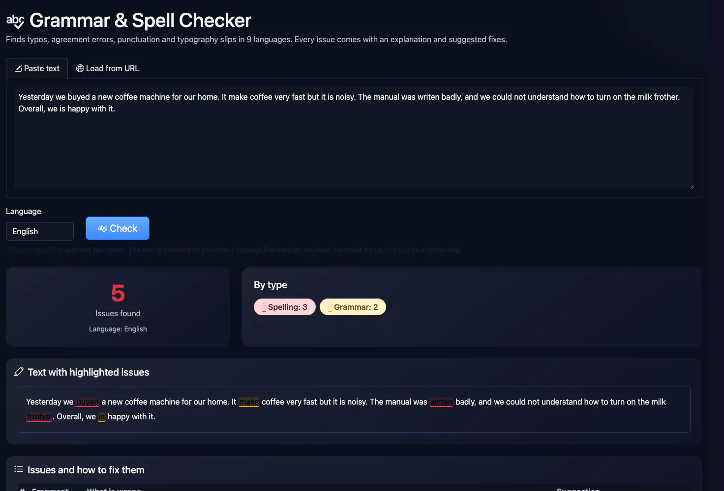 Grammar & Spell Checker: checking a short text with mistakes — interface and result