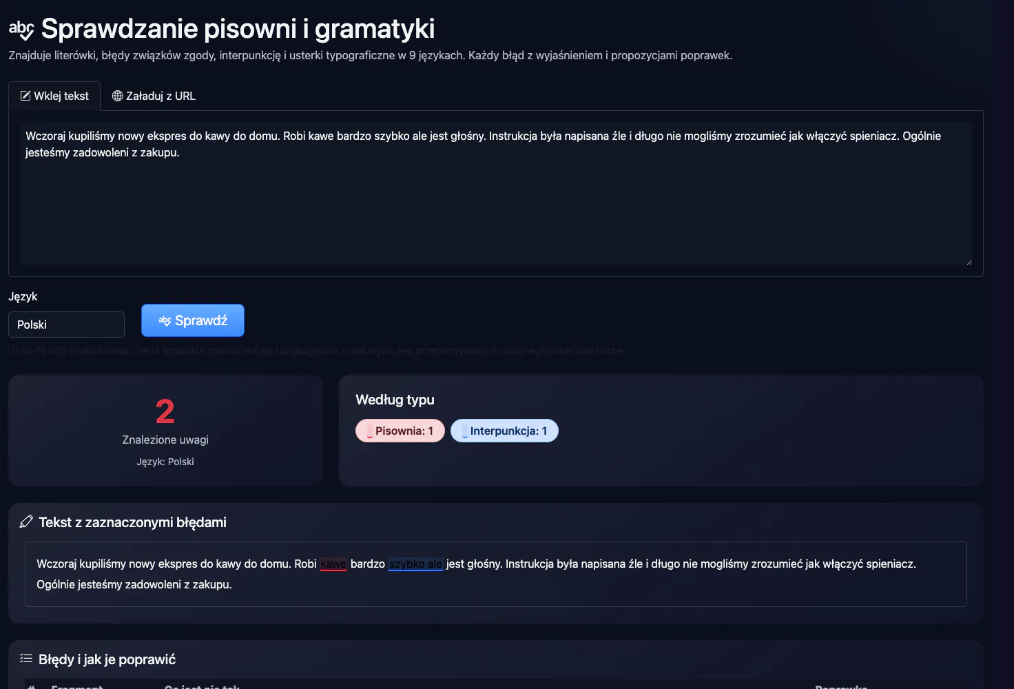 Sprawdzanie pisowni i gramatyki: sprawdzenie krótkiego tekstu z błędami — interfejs i wynik