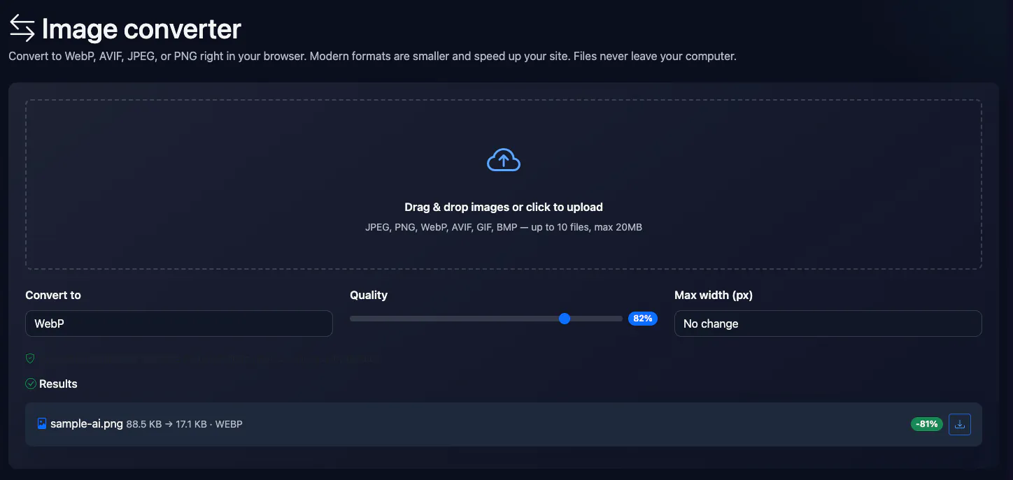 Image converter: converting a test image — interface and result