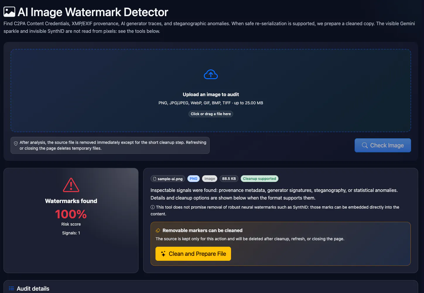 AI Image Watermark Detector: checking a test image — interface and result