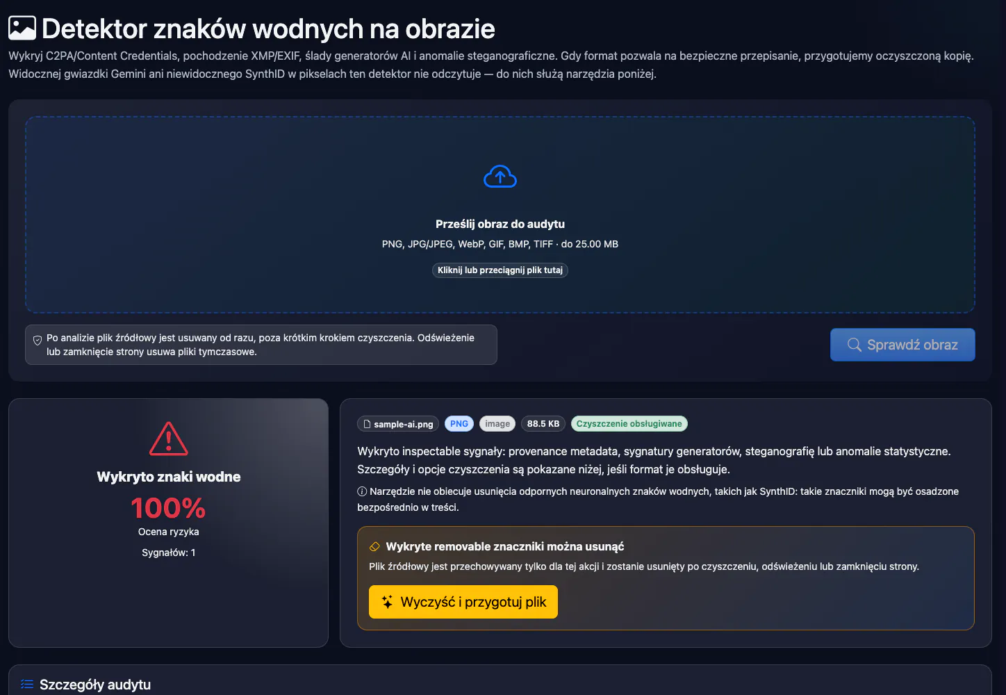 Detektor znaków wodnych na obrazie: sprawdzenie obrazu testowego — interfejs i wynik