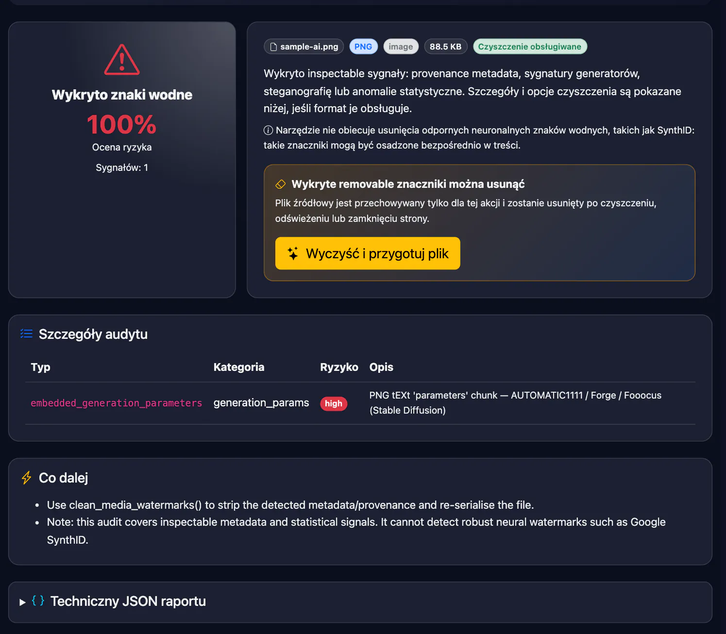 Detektor znaków wodnych na obrazie — wynik: Wykryto znaki wodne
