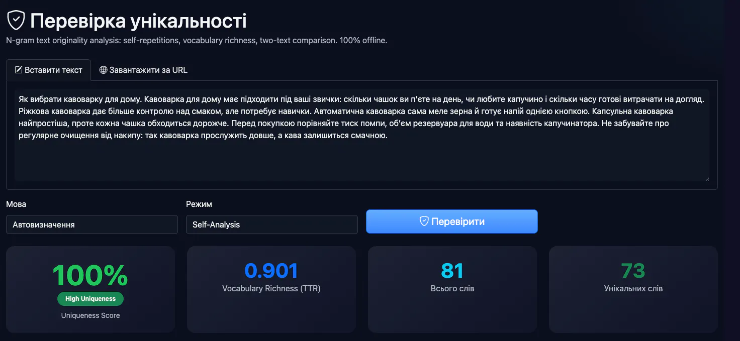 Перевірка унікальності: аналіз прикладу статті про кавоварки — інтерфейс і результат