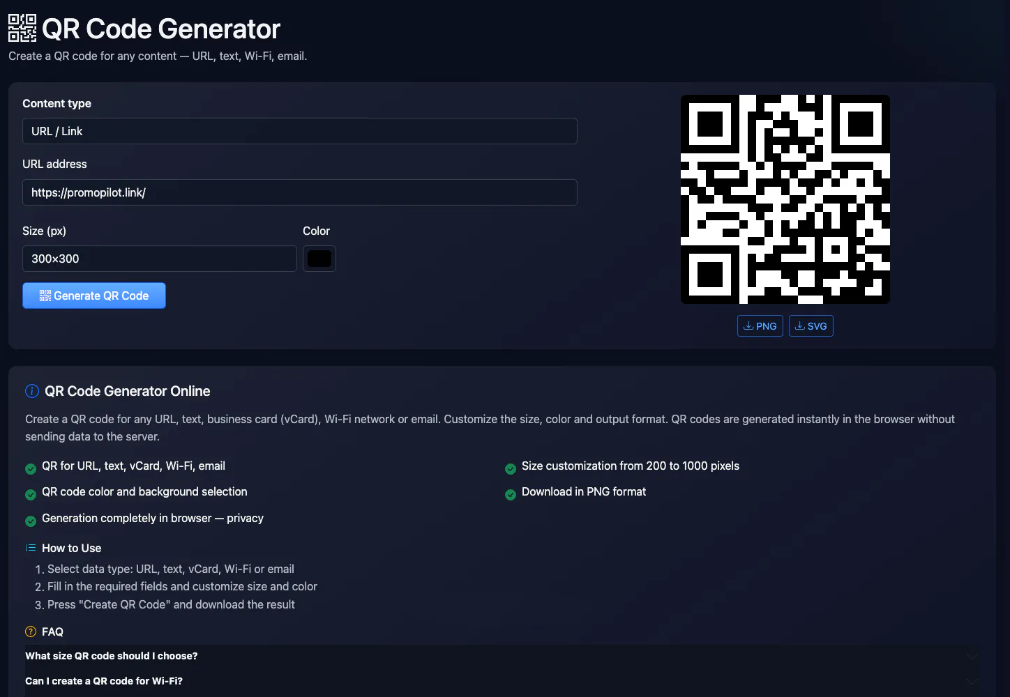 QR Code Generator: a QR code for a website link — interface and result