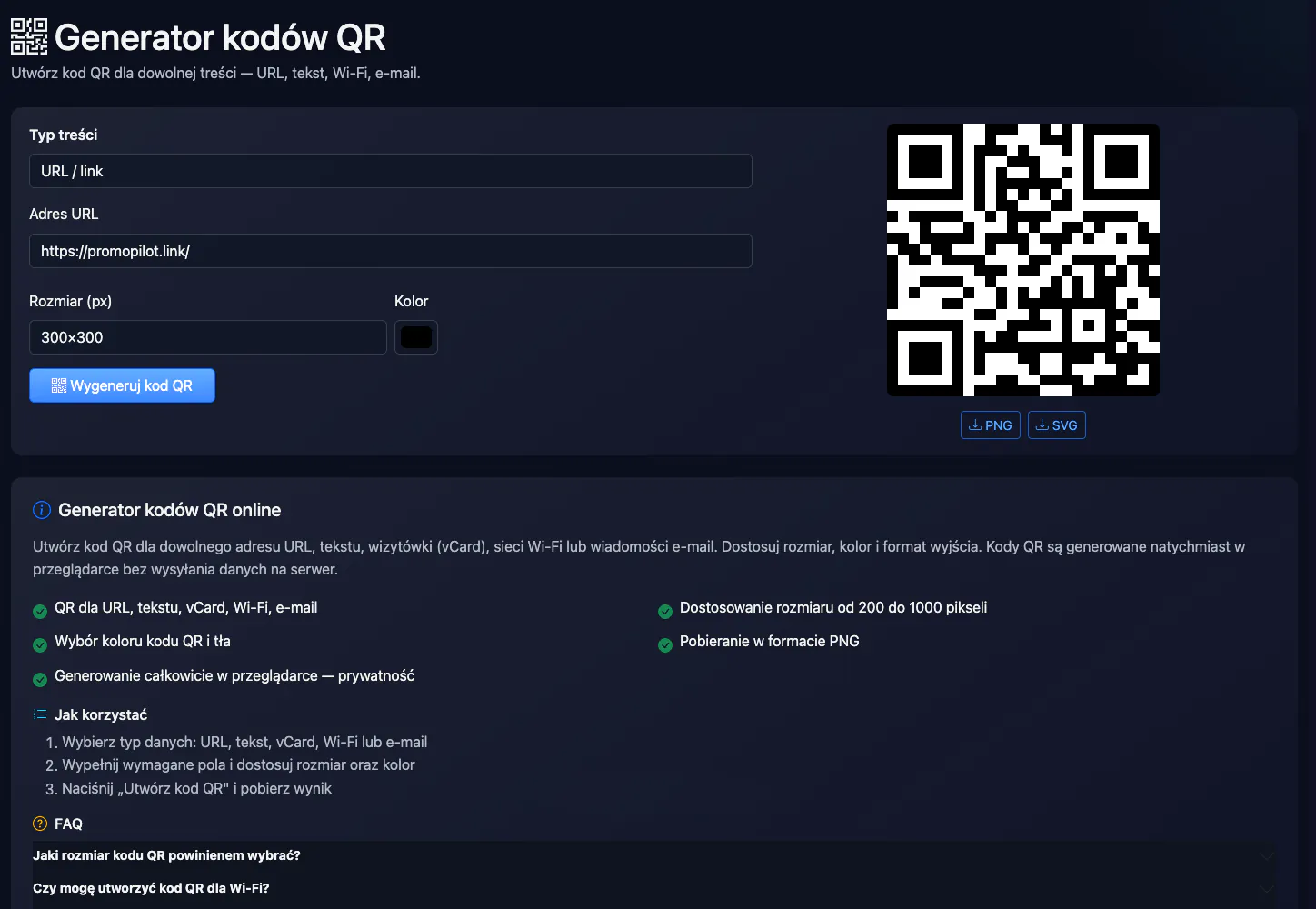 Generator kodów QR: kod QR do linku do strony — interfejs i wynik