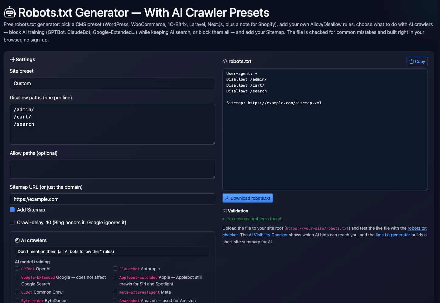 Robots.txt Generator — With AI Crawler Presets: robots.txt for example.com — interface and result