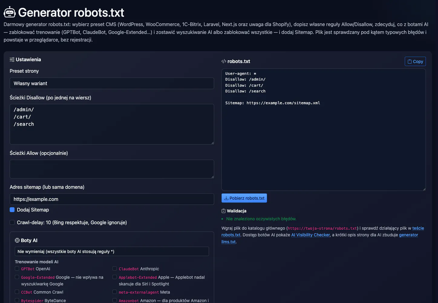 Generator robots.txt: robots.txt dla example.com — interfejs i wynik