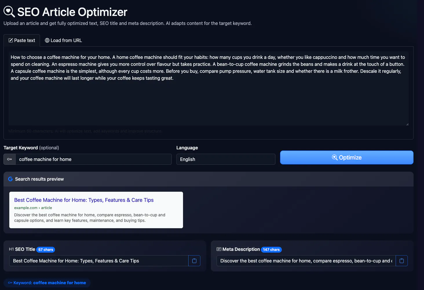 SEO Article Optimizer: analysing a sample article about coffee machines — interface and result