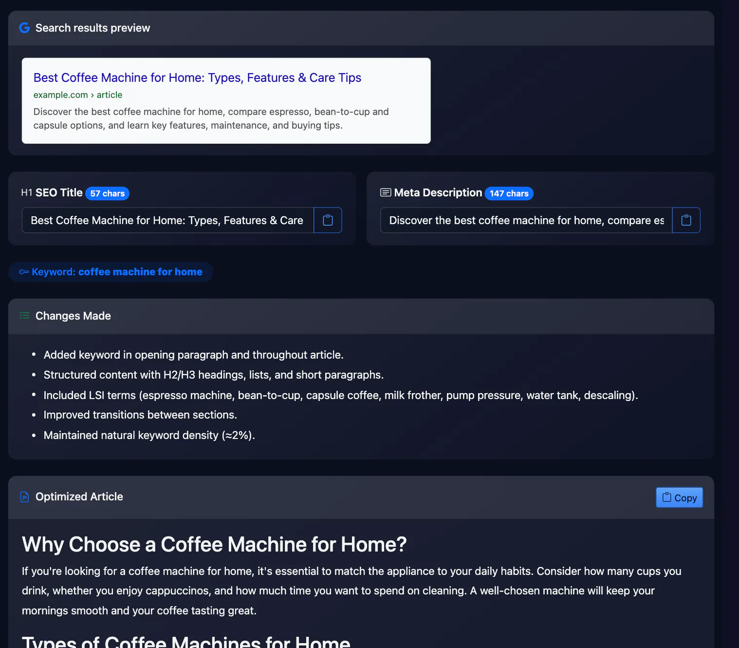 SEO Article Optimizer result: Search results preview