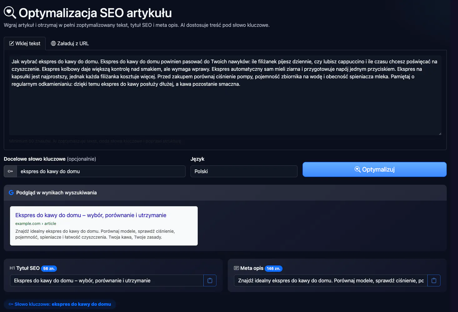 Optymalizacja SEO artykułu: analiza przykładowego artykułu o ekspresach do kawy — interfejs i wynik