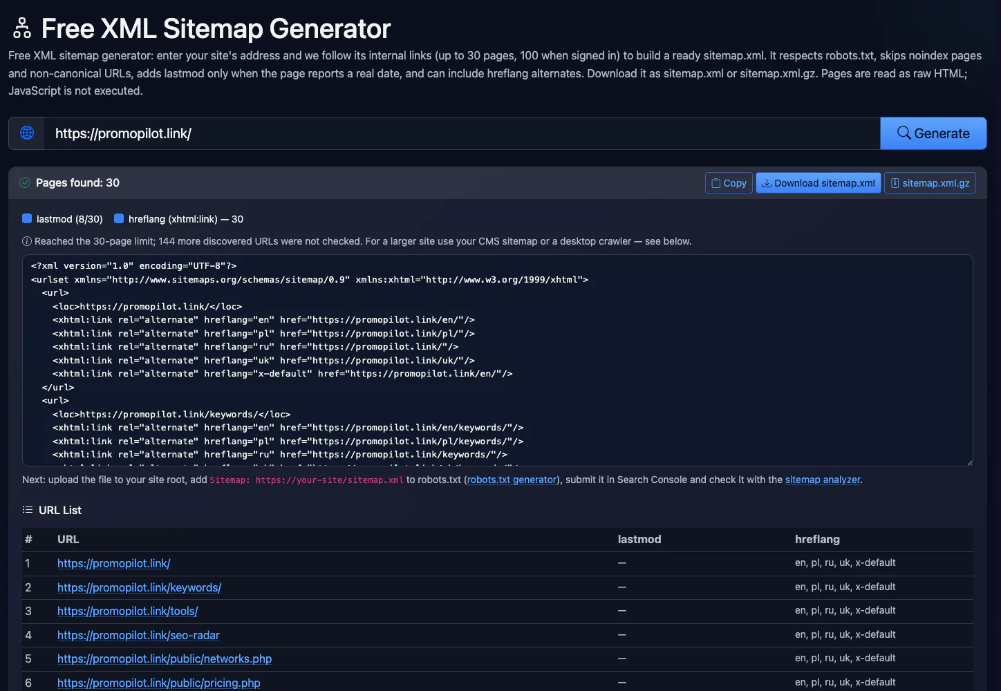Free XML Sitemap Generator: checking promopilot.link — interface and result