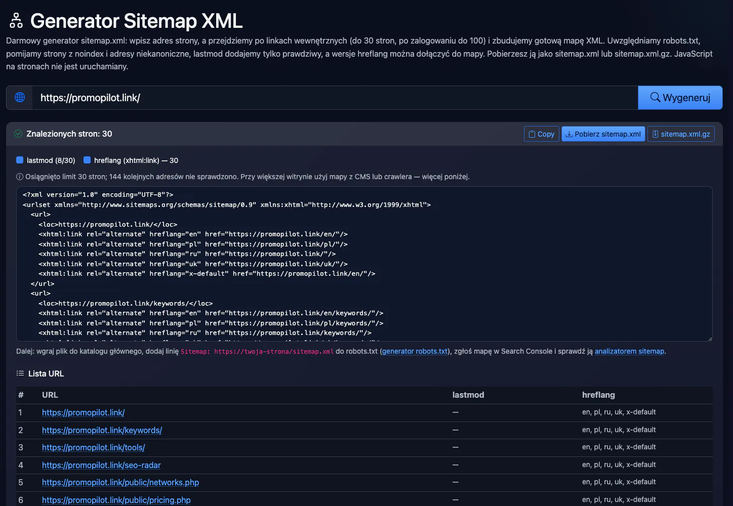Generator Sitemap XML: sprawdzenie promopilot.link — interfejs i wynik