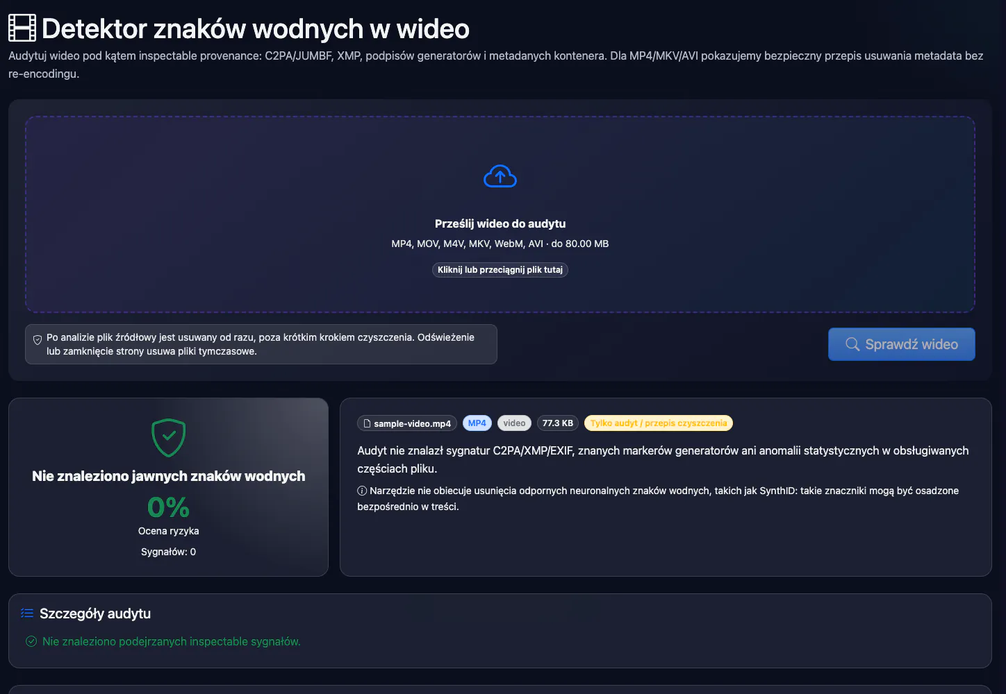 Detektor znaków wodnych w wideo: sprawdzenie filmu testowego — interfejs i wynik