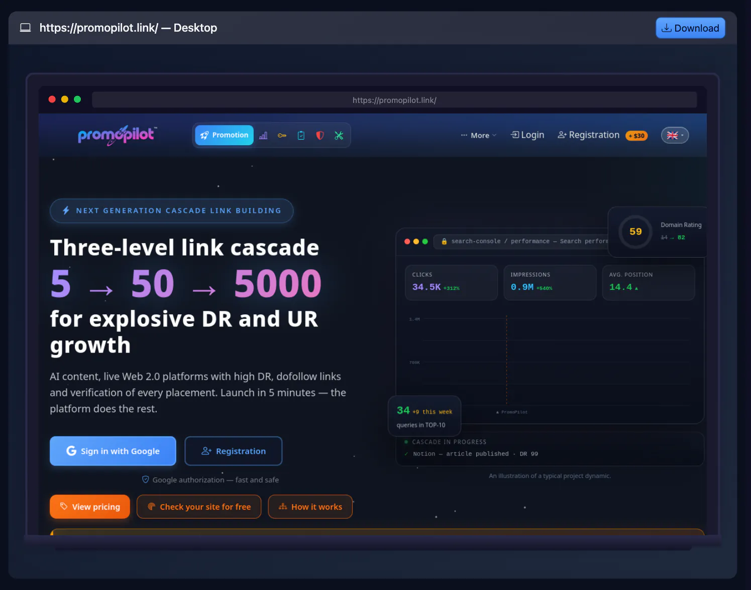 Website Screenshot Online result: https://promopilot.link/ — Desktop Download