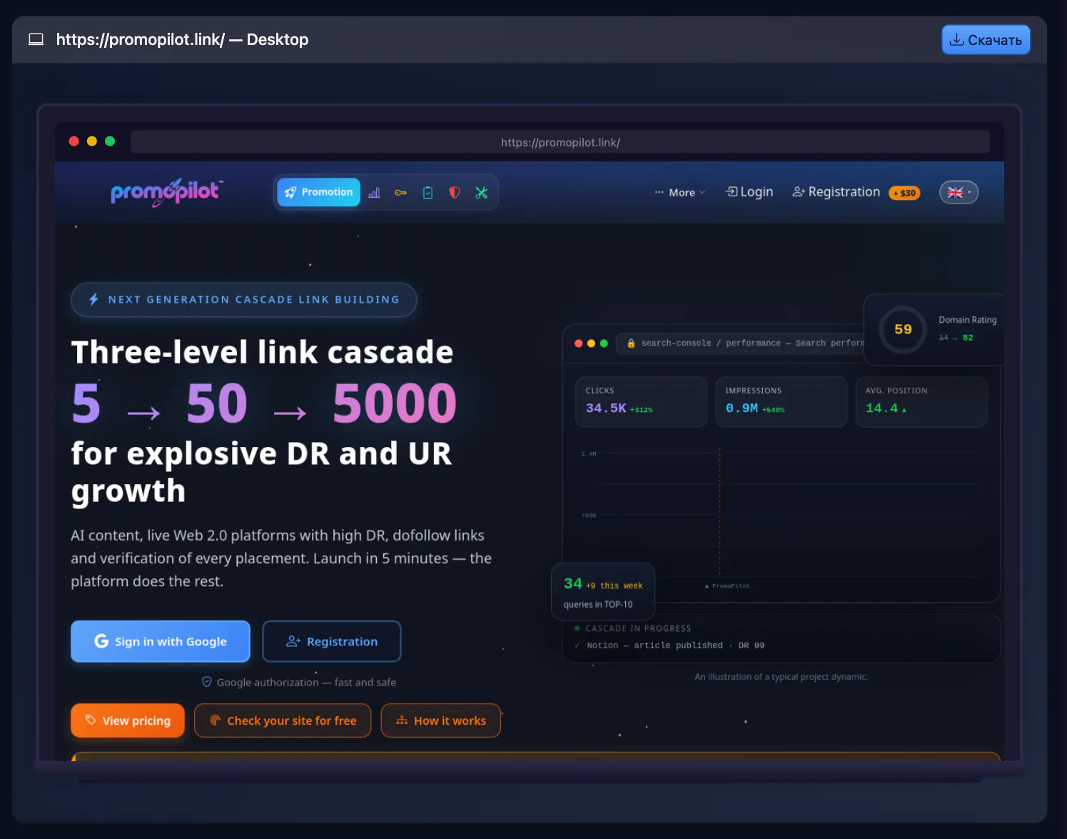 Скриншот сайта онлайн — результат: проверка promopilot.link