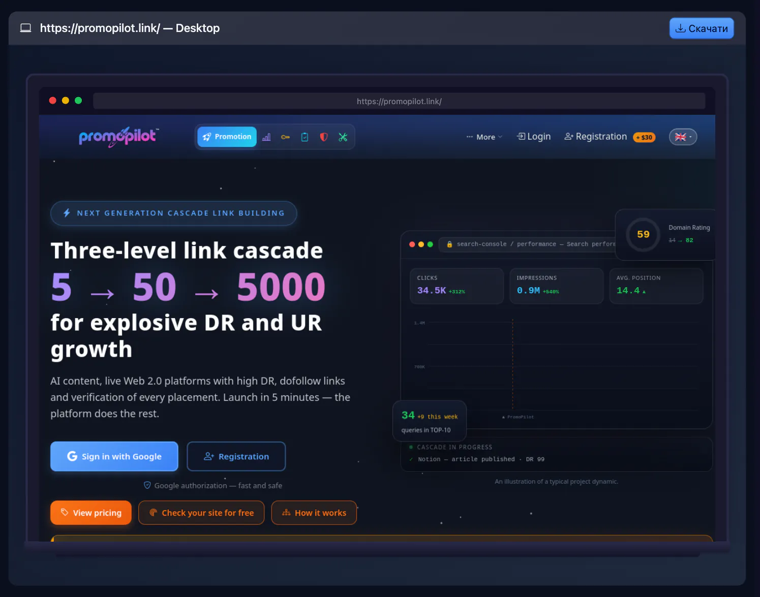 Скріншот сайту онлайн — результат: перевірка promopilot.link
