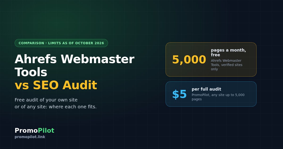 Ahrefs Webmaster Tools vs PromoPilot SEO Audit: which free site audit fits your job (2026)