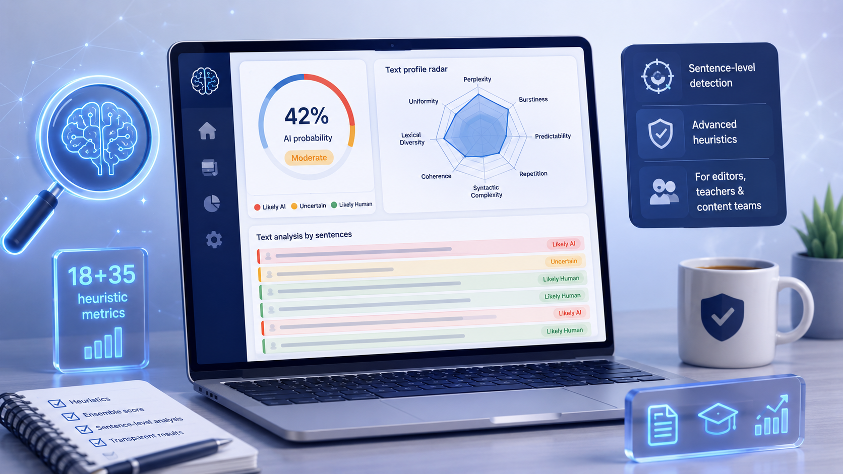 Poznaj AI Detector PRO: analiza tekstu AI zdanie po zdaniu z wykresem radarowym i mapą fragmentów