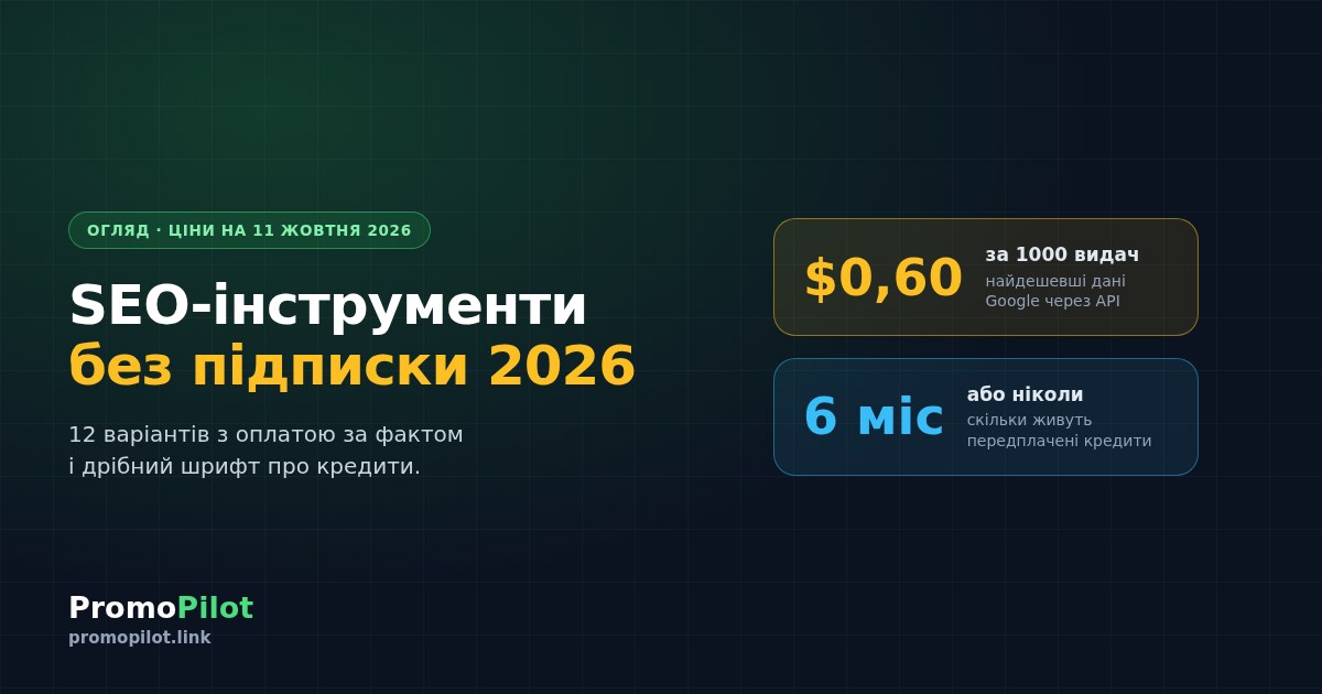 SEO-інструменти без підписки 2026: 12 сервісів з оплатою за фактом і ціни