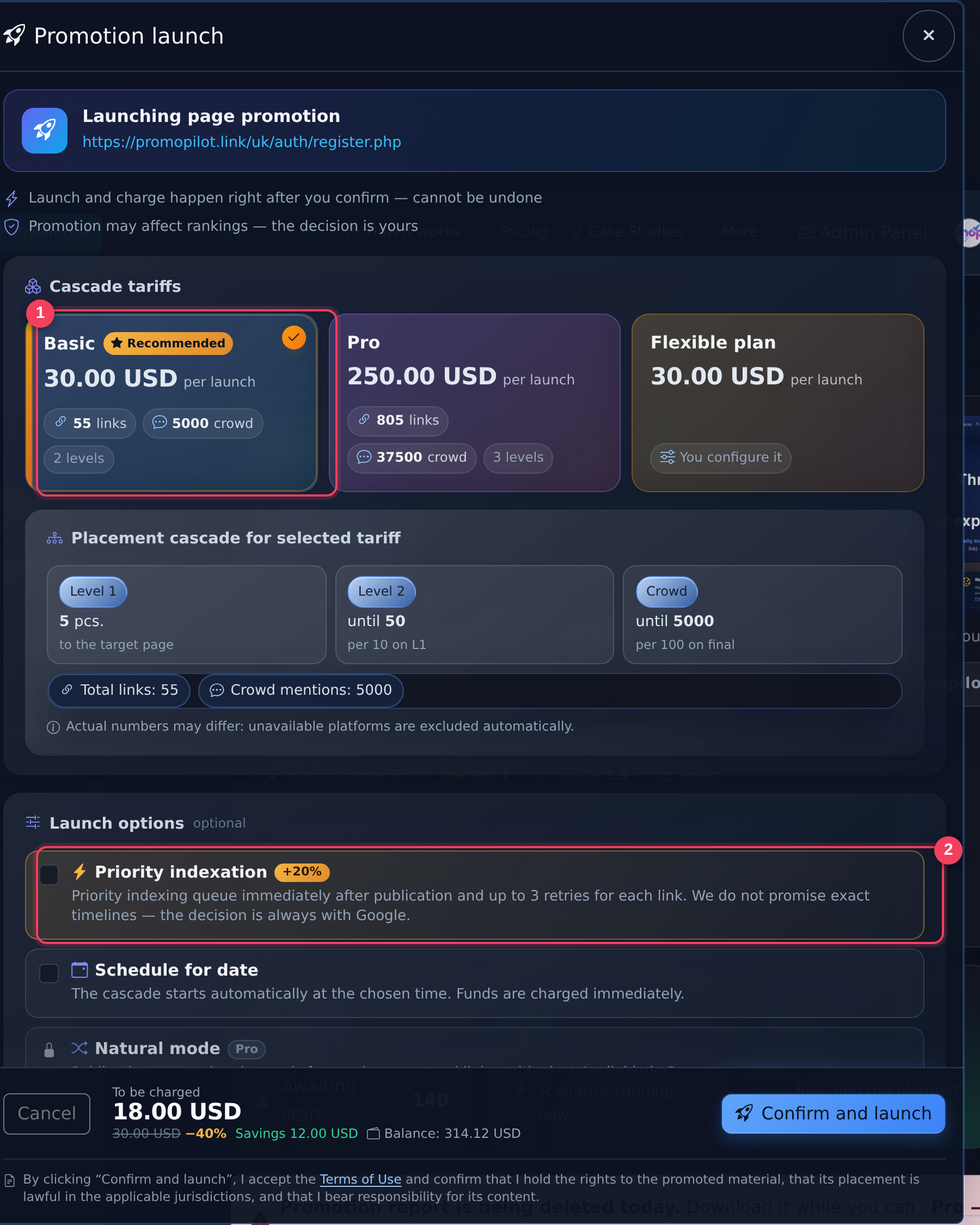 PromoPilot promotion launch window: tariffs, cascade levels, and options