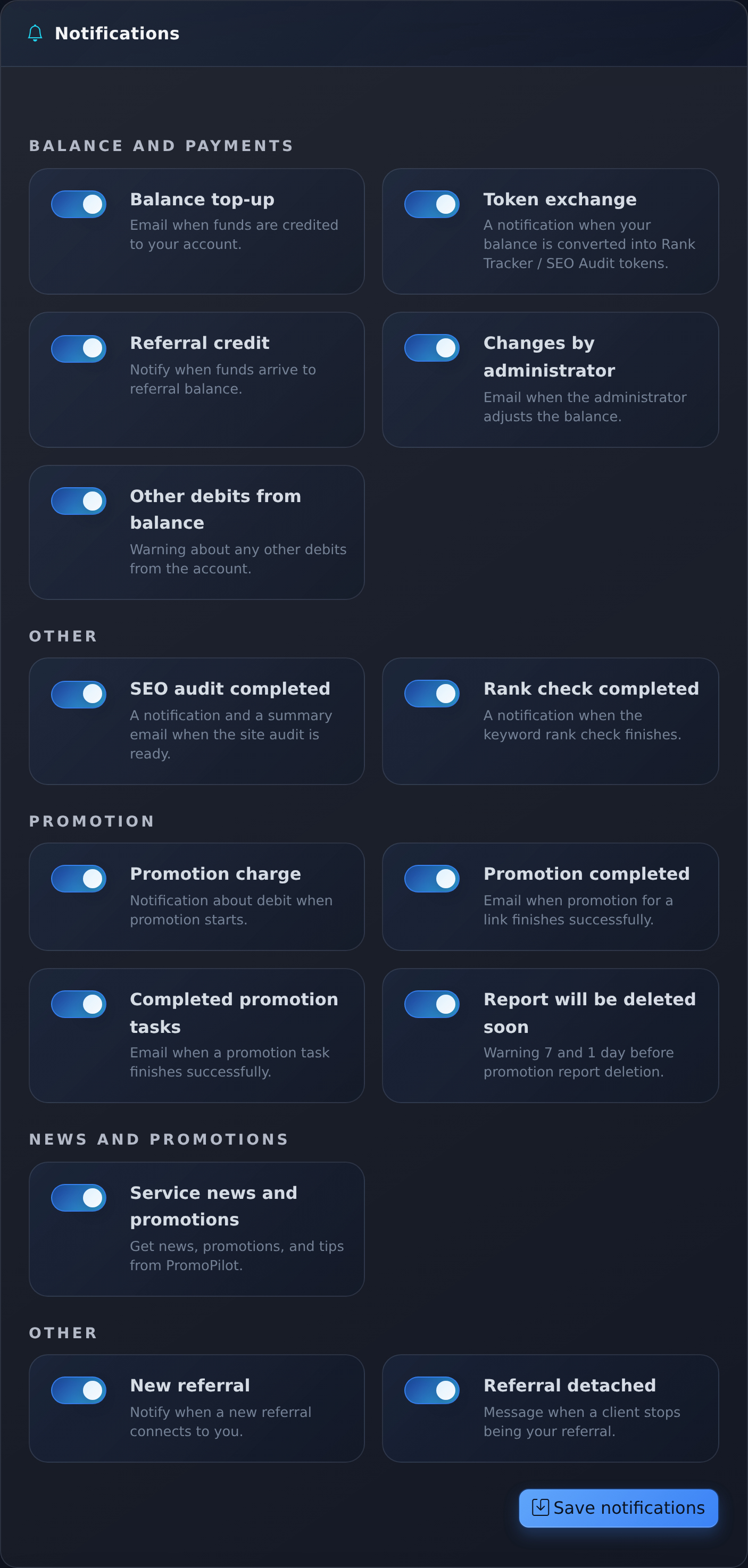 Настройки уведомлений PromoPilot: типы событий и каналы доставки