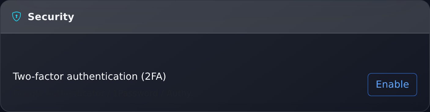 Security section in PromoPilot settings with two-factor authentication