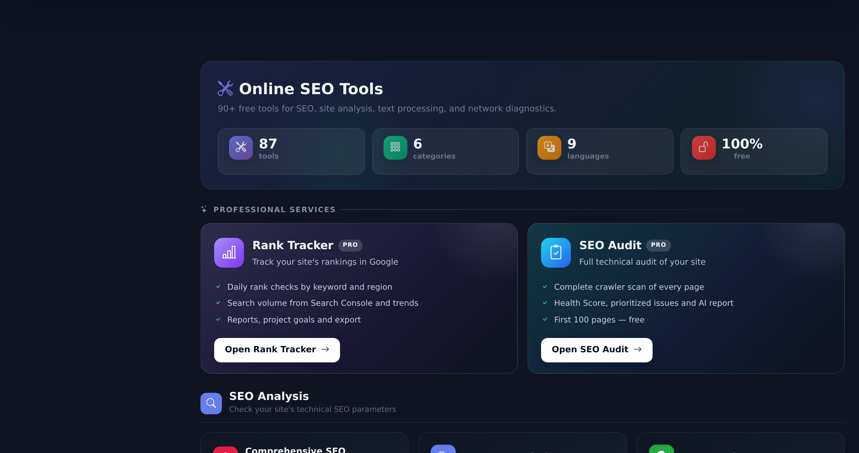 Catalog of free SEO tools PromoPilot by categories